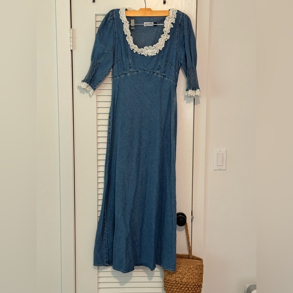 RIXO | Juliette Blue Dress with White Lace Details - Picture 4 of 8